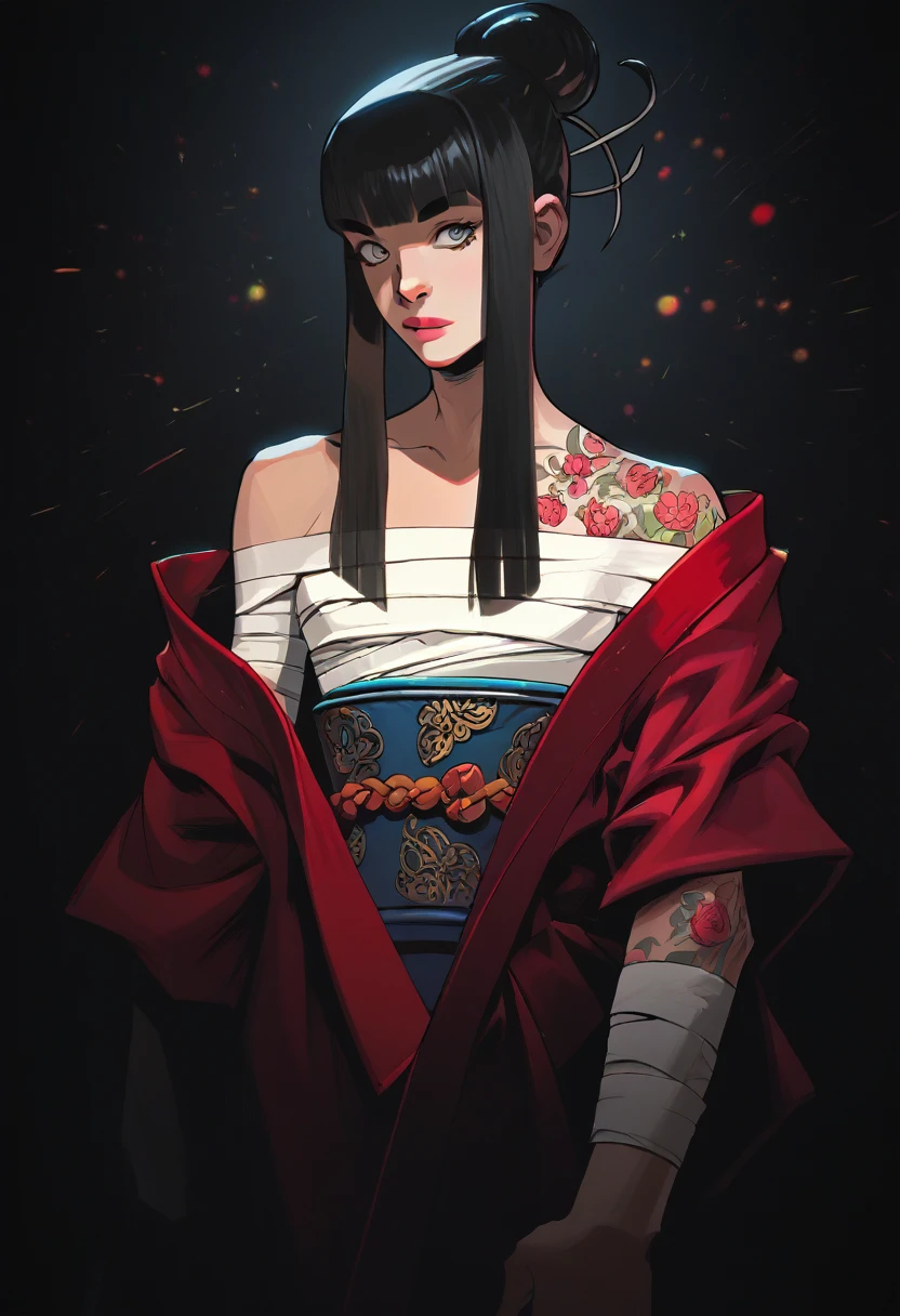 score_9, score_8_up, score_7_up, score_6_up, score_5_up, score_4_up, score Cel-shaded art, hds style, 1girl, Asian, kimono, off the shoulder, bandaged chest, tattoos on arm, blunt bangs, straight black hair, grey eyes, bokeh, high resolution, high quality, super detailed, sharp focus, ultra realistic, perfect lighting, perfect colors, perfect perspective, balanced composition, award-winning photographer, photo-realistic, ultra realistic
