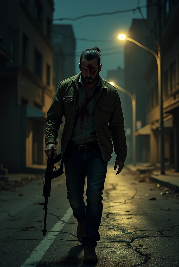 ultra reality, bearded man, a man standing on a pile of dead humans,holding a knife in both hands,bloody hands,injured, some bruises, bleeding, fighting, in a city, cinematic lighting