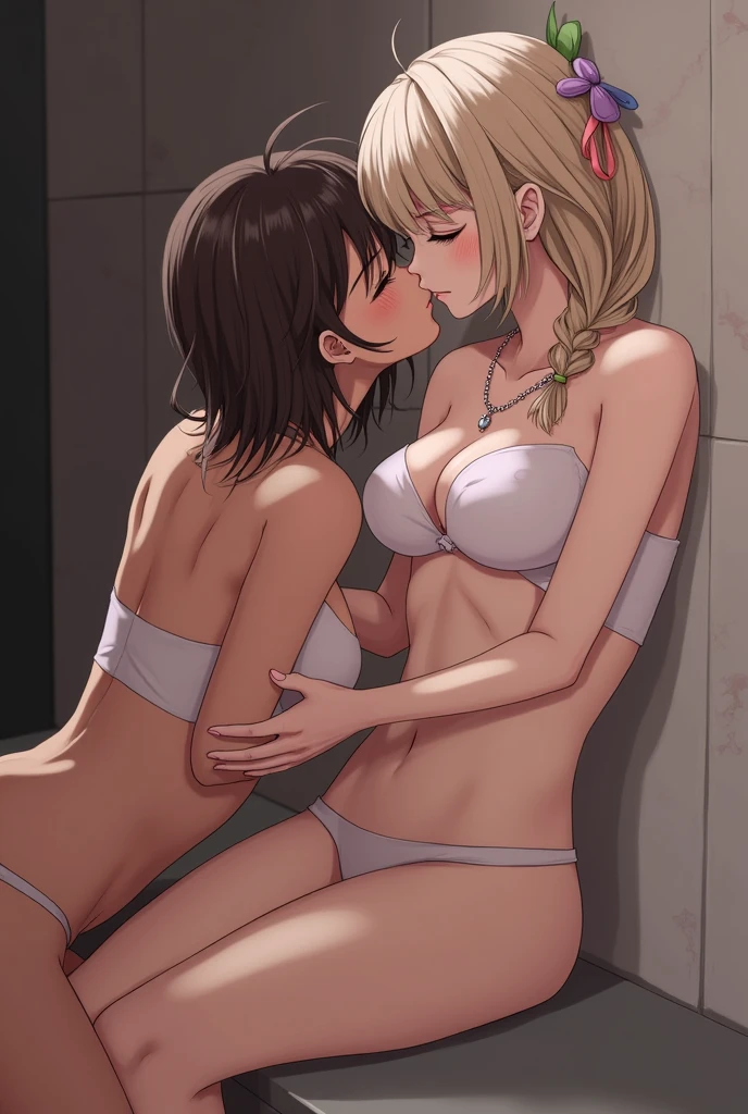 NSFW　(Highest quality:1.5, High resolution, uhd, 4K, Detailed lighting, Shaders), ((Misaka Mikoto)) ,solo short hair　Brown Hair　Brown eyes　Cool face　　Volleyball Uniforms　Realistic gym　 Sweat　Super oily skin　　Preparing for exercise　No ball　No sleeve　Cowboy Shot: Realistic locker room　blush　depressed　Face distorted by pleasure　Resisting Pleasure　Blushing cheeks　wet Nipples licked　Overflowing body fluids　Spurting body fluids　((Lean back)) (((Ecstasy)))++　Completely naked　topless