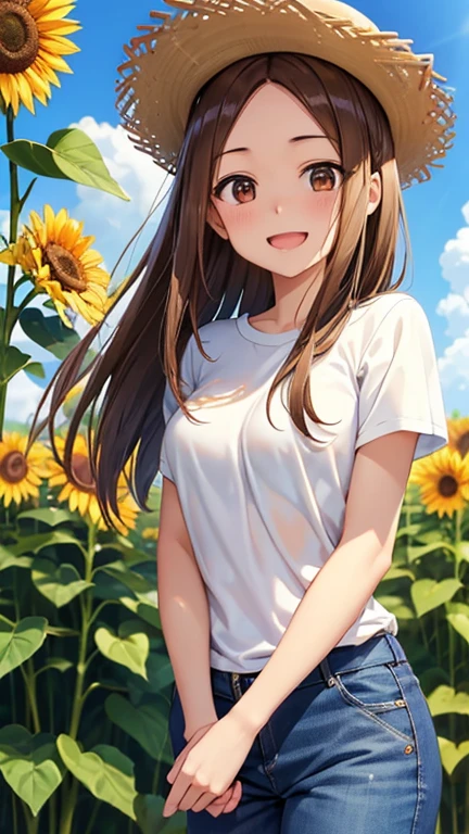 takagi-san、光沢のあるBrown Hair, Long Hair,((Medium Breast、amount、Center Part))、 Beautiful brown eyes、smile、Shining Eyes, (fine grain)、Very beautiful eyes、Highly detailed face, Detailed eyes, Cowboy Shot、


masterpiece,Best Quality,Super detailed,
One girl,Laugh happily,Sunflower Garden,Straw hat,Sunshine,cloud, Brown Hair, 
,T-Shirts,Denim pants