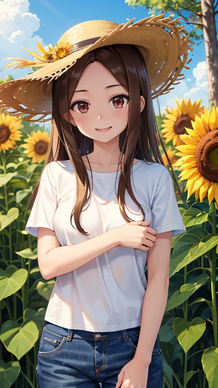 takagi-san、光沢のあるBrown Hair, Long Hair,((Medium Breast、amount、Center Part))、 Beautiful brown eyes、smile、Shining Eyes, (fine grain)、Very beautiful eyes、Highly detailed face, Detailed eyes, Cowboy Shot、


masterpiece,Best Quality,Super detailed,
One girl,Laugh happily,Sunflower Garden,Straw hat,Sunshine,cloud, Brown Hair, 
,T-Shirts,Denim pants