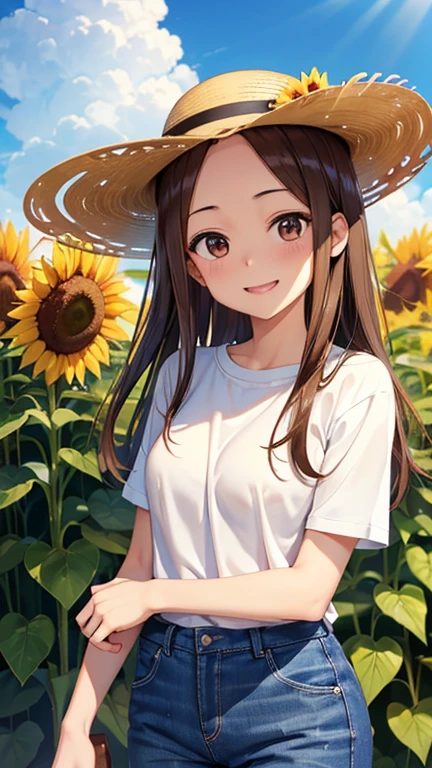 takagi-san、光沢のあるBrown Hair, Long Hair,((Medium Breast、amount、Center Part))、 Beautiful brown eyes、smile、Shining Eyes, (fine grain)、Very beautiful eyes、Highly detailed face, Detailed eyes, Cowboy Shot、


masterpiece,Best Quality,Super detailed,
One girl,Laugh happily,Sunflower Garden,Straw hat,Sunshine,cloud, Brown Hair, 
,T-Shirts,Denim pants