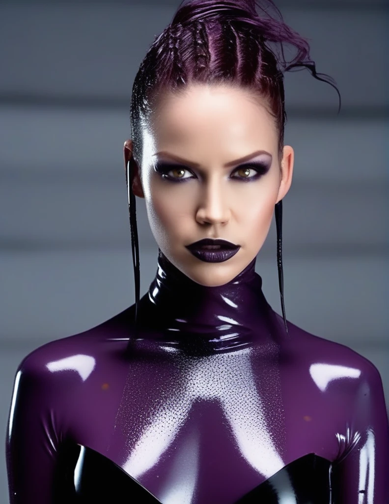 Jeune femme de 25 ans, visage fin, cheveux long, yeux marrons, HD, 8K, masterpiece, sourire romantique, sexy, mascara noir, maquillage noir, black lips, tenue gothique, vêtements noirs et violets, toile d'araignée en dentelle, cheveux noirs et violets, bodypainting, purple paint, dracula, nude, full purple and black bodypainting, piercing, in an abandoned church, vitraux violets et noirs