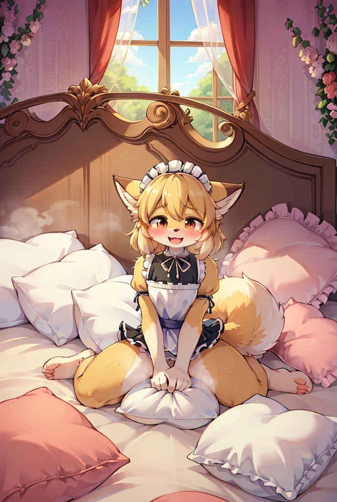 （masterpiece，best quality），mine, The Beast, , (Light and shadow suitable for any Pillow background））, 穿着Maid costume的可爱女孩在Pillow上摆姿势,，Maid costume，nature,, (blush),a smile，Pillow,（Lots of Pillow），Soft cushion，（canopy bed），（Pillow），Lots of Pillow，（Friction in the crotch），（（PillowCamel）），（A tail），（Around the protagonist），steam，（Pillow），（LuxuryPillow），（Palace Pillow Pattern Pillow），（palace），（outdoor的背景），（Gorgeous Pattern Pillow），Soft Pillow，，（Classical European style bedroom ），（excited，shy person，Lack of expressiveness，），pillow hump,，(Deluxe Rococo Canopy King Bed),Luxurious curtains with ornate ruffles and ribbons hang around the large bed.,((((The bed is piled with many Pillows)))),Quilt details,Detailed bed linen,Ruffled Bed Skirt,Deep Bed,Background with depth,((Pillow in detail)), ((((A Lot of Pillow))))，,，Detailed Soft Pillow,,((女孩正躺在许多Soft Pillow上,There are many Pillows around))，、、In a large canopy bed、Soft sheets and quilts、Colorful soft Pillow、Lots of Pillow、Soft toned bed、Ruffled curtains around the bed.。Delicate face，（Ornate pattern pillow），Soft pillows，，（outdoor ），（Excited face，Opened his mouth，Shy，），,MASTURBATING WITH PILLOW,，，FORTUNES，fox girl，，sweaty，，sitting，，Blushing，Shy,((feet on pillows，feet trample on pillows))