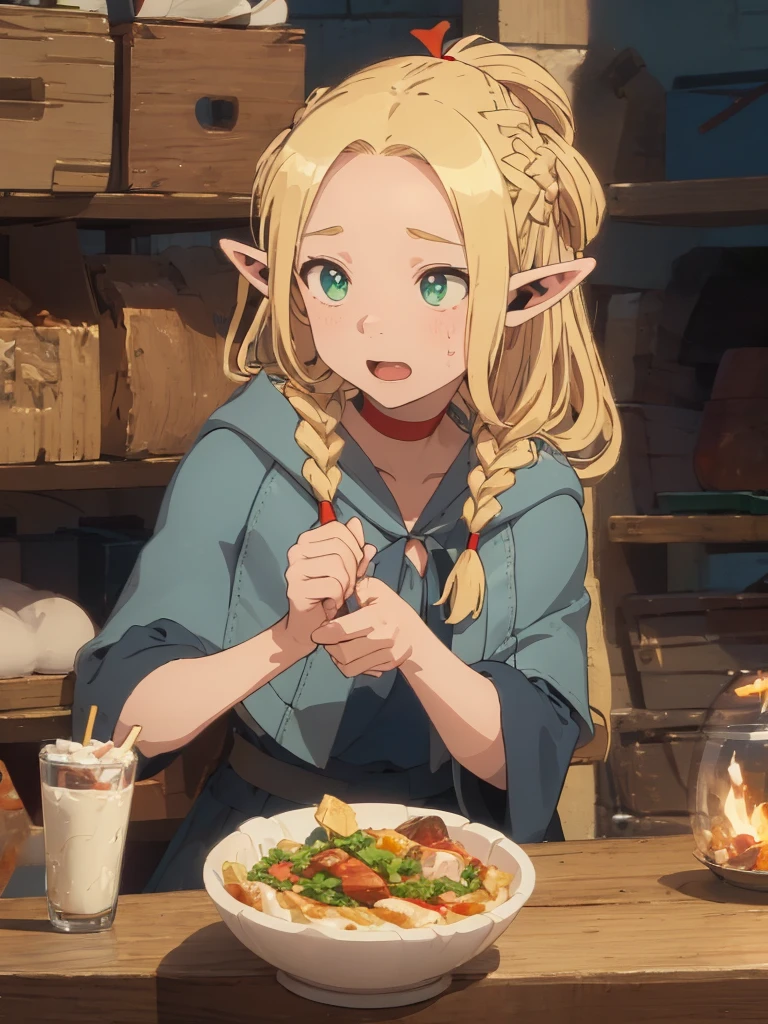 Masterpiece, bestquality, bestaesthetic,The elf girl is eating in front of the bonfire in the dungeon,dungeon,(1girl,solo,elf),green_eyes, blonde hair, braid, pointy_ears, twin_braids, red_choker, robe, blue_robe, blue_hood, hooded_capelet, food, holding_bowl, holding_spoon, meat, mushroom, open_mouth,pixel, pixel art, pixelart, xiangsu, xiang su,chibi,(game interface:1.5)