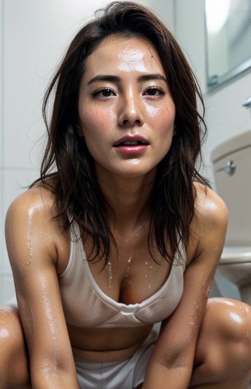 Beautiful Japan actress,(photo realistic:1.4), (hyper realistic:1.4), (realistic:1.3),Extremely detailed, edgOrgasm,Face Focus, Woman with mouth open and eyes closed , Woman with Edge _Face、3、A dark-haired、 News Anchor、Very small toilet,((sweat)),((skin shining with sweat))((Clabrasion glistening with sweat,face shining with sweat)),（(Sweaty skin))((sweaty skin)),sitting on the toilet floor、