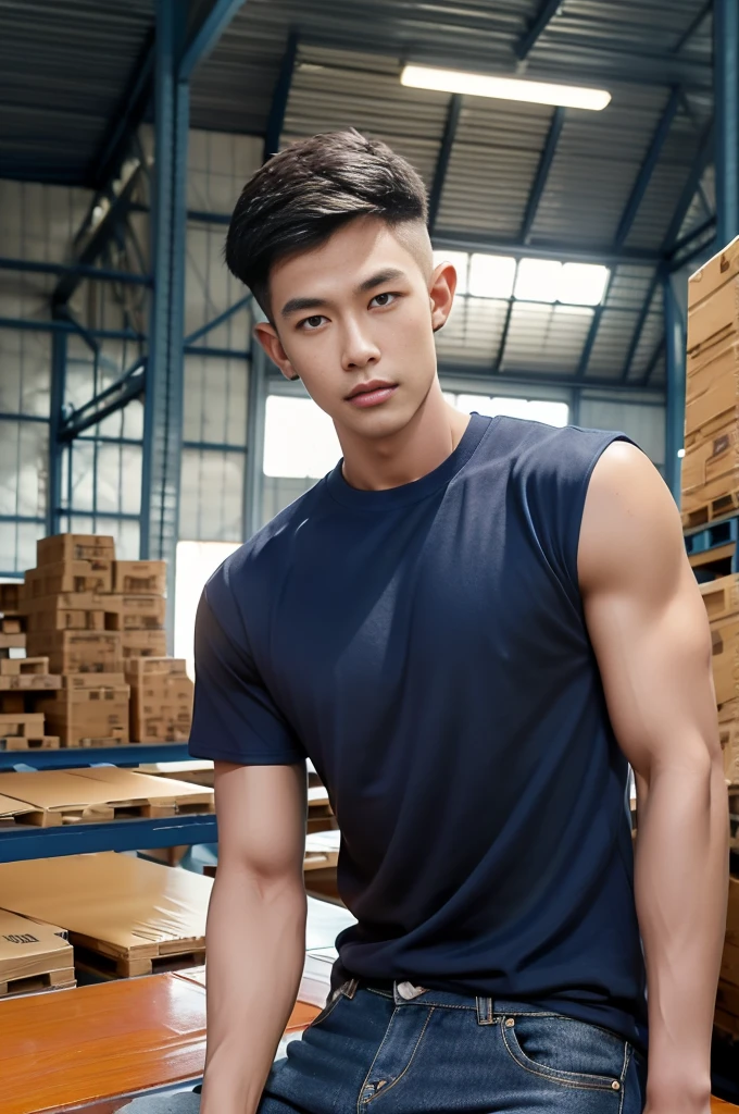 ,1 man sit on,(warehouse:1.4),(crew cut hair:1.3),(Wear a fitted round neck t-shirt in navy blue:1.3 ),,Navy blue jeans,Korean guy,chest muscles,large arm muscles,blood vessel,Big muscles,Broad shoulders,(warehouse:1.4),(short hair:1.4),(full_shot:1.2)