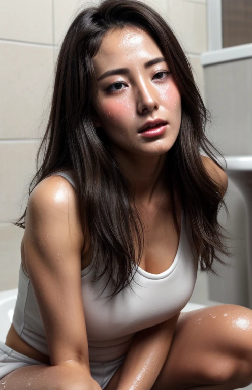 Beautiful Japan actress,(photo realistic:1.4), (hyper realistic:1.4), (realistic:1.3),Extremely detailed, edgOrgasm,Face Focus, Woman with mouth open and eyes closed , Woman with Edge _Face、3、A dark-haired、 News Anchor、Very small toilet,((sweat)),((skin shining with sweat))((Clabrasion glistening with sweat,face shining with sweat)),（(Sweaty skin))((sweaty skin)),sitting on the toilet floor、