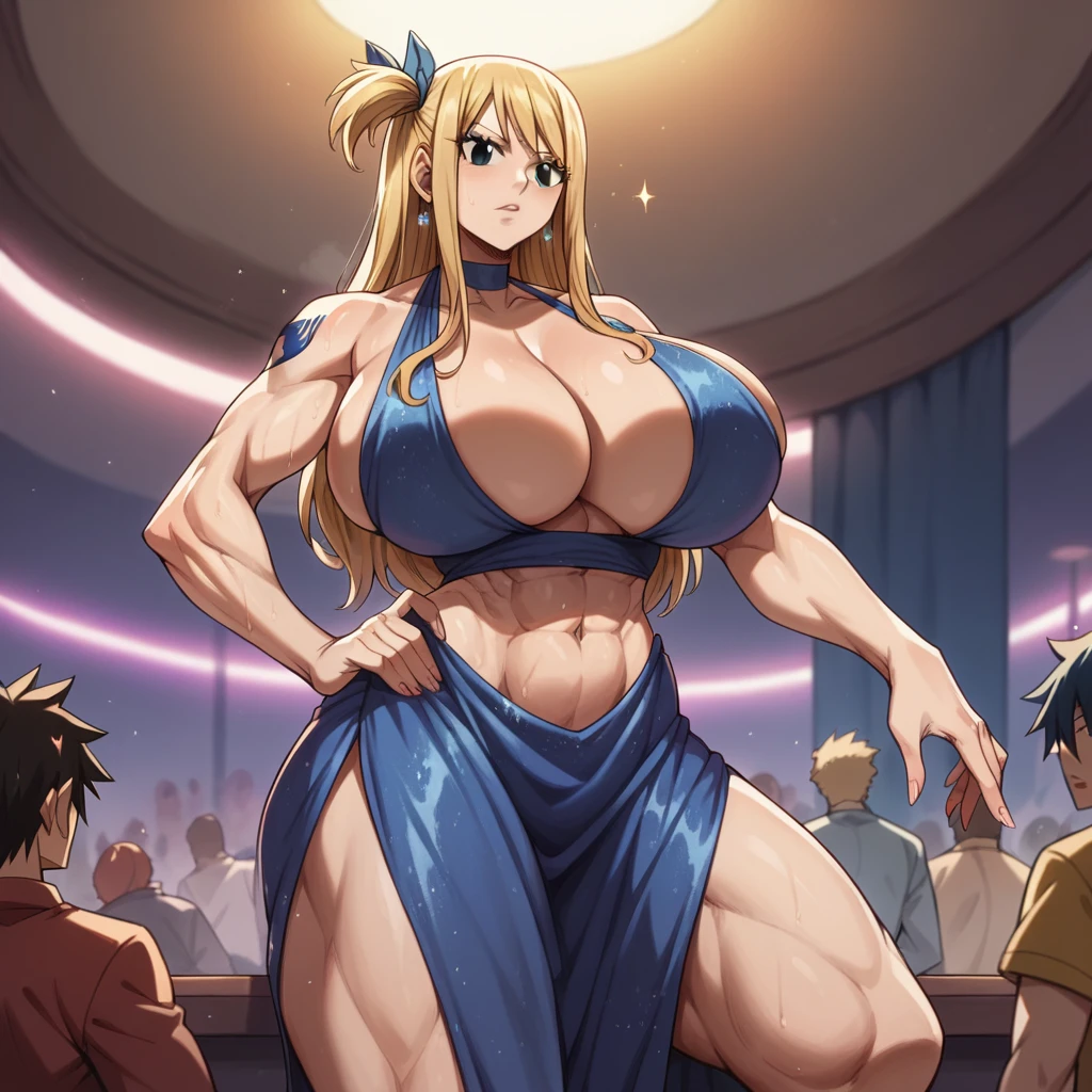 Massive breasts, {Ultra gigantic breasts} massive cleavage, mature, hot and sweaty, strip club, giantess, , toned abs, muscular, lucy, fairy tail, intricate black evening dress