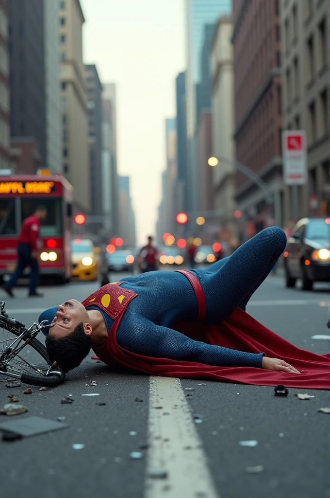 Make a photo in which Superman has an accident with a bike and is lying helpless on the road, covered in blood