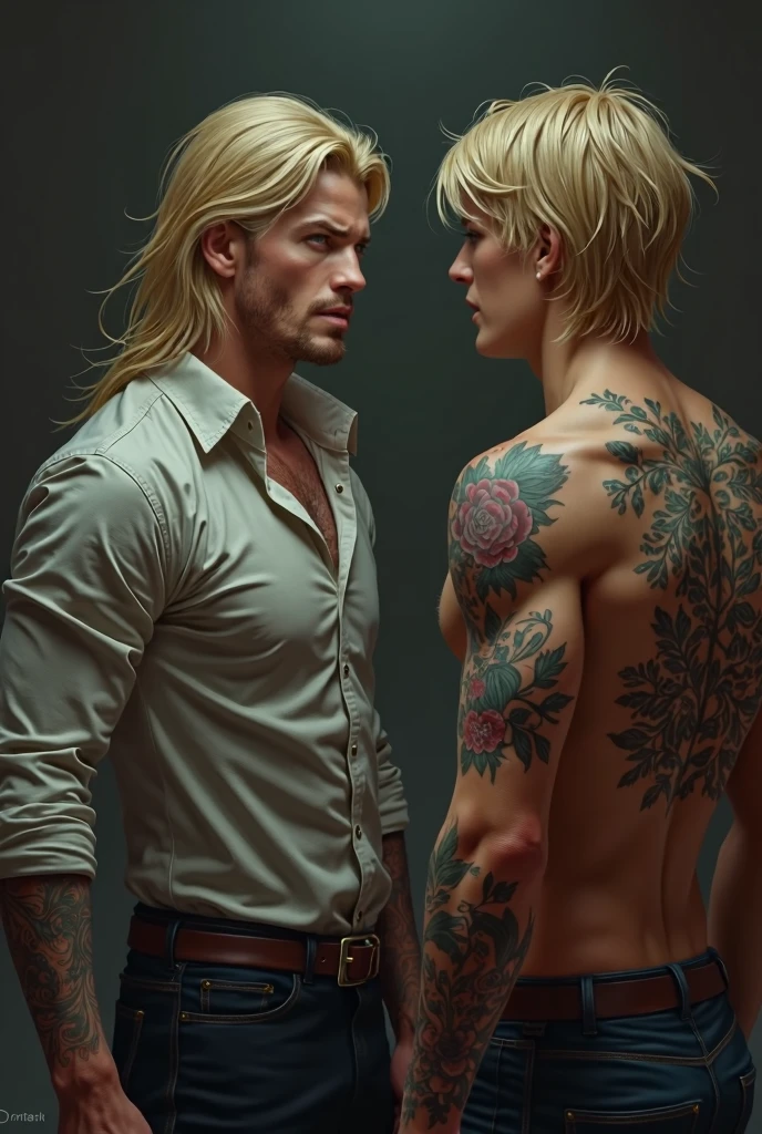 Fantasy Brothers,  Very handsome young man with brown hair wearing suspenders without a shirt and another young man with blond hair wearing suspenders and a white long-sleeved shirt.