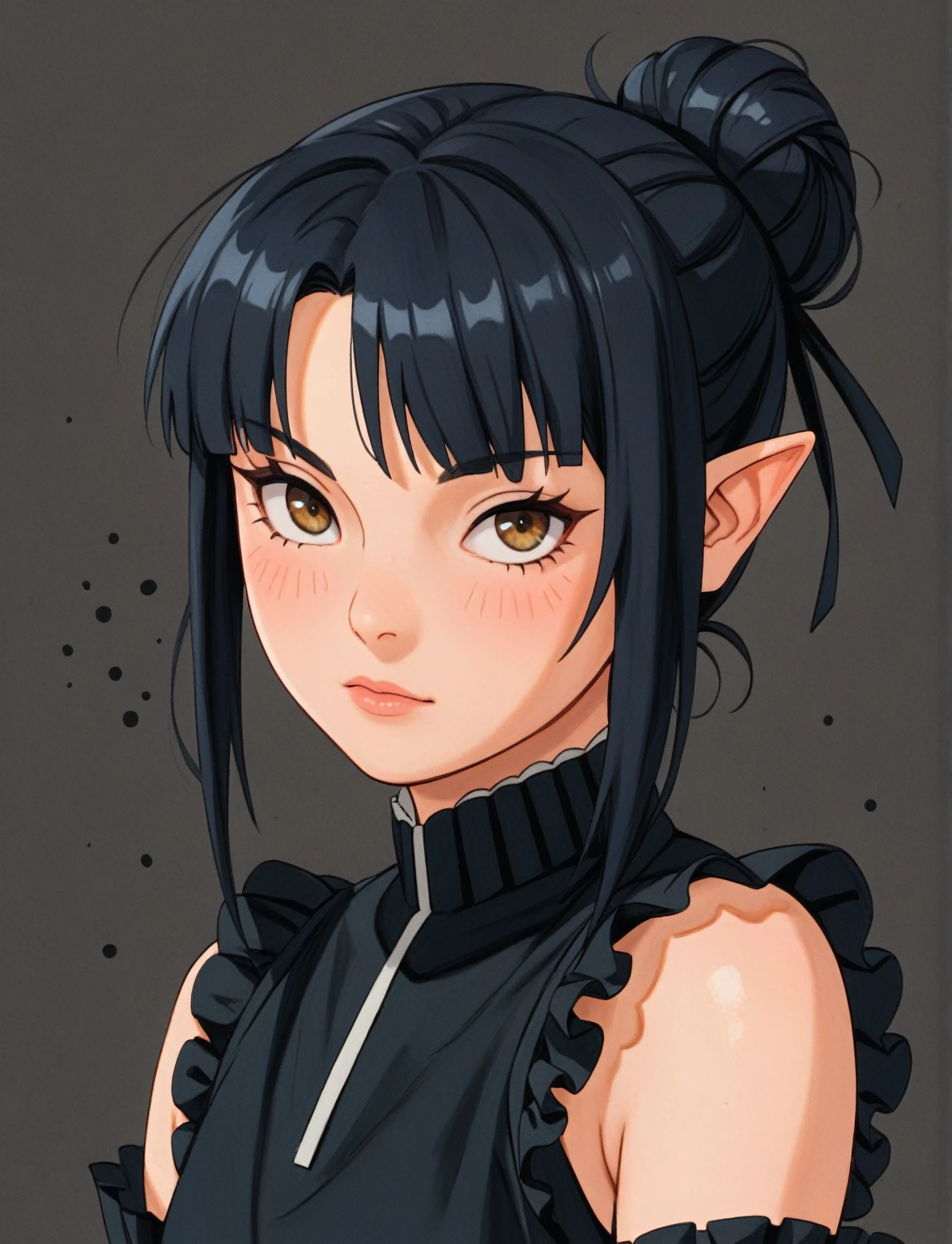 Create a digital illustration of a female character with elf ears with round dots instead of eyebrows. For the hairstyle, she should have black hair styled into a single bun at the back of her head, complemented by asymmetrically chopped bangs that transition into a long lock on one side. Her outfit should match short hakama with detached sleeves and frills under the shorts and the sleeves, in a gothic style, featuring intricate white lace patterns, detailed cutouts, and a white obi with a black seigaiha black pattern. The outfit should include layered skirts and ribbon details to emphasize a similar aesthetic. Add a muted background that complements her striking attire and hairstyle.