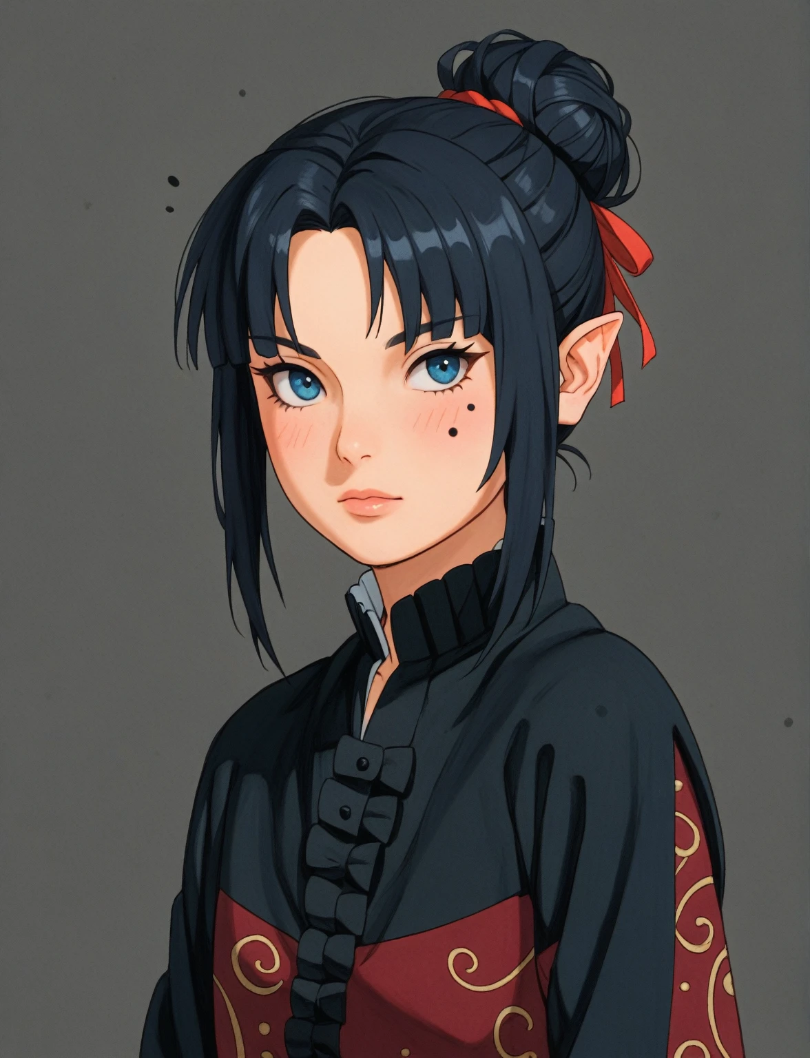 Create a digital illustration of a female character with elf ears with round dots instead of eyebrows. For the hairstyle, she should have black hair styled into a single bun at the back of her head, complemented by asymmetrically chopped bangs that transition into a long lock on one side. Her outfit should match short hakama with detached sleeves and frills under the shorts and the sleeves, in a gothic style, featuring intricate white lace patterns, detailed cutouts, and a white obi with a black seigaiha black pattern. The outfit should include layered skirts and ribbon details to emphasize a similar aesthetic. Add a muted background that complements her striking attire and hairstyle.