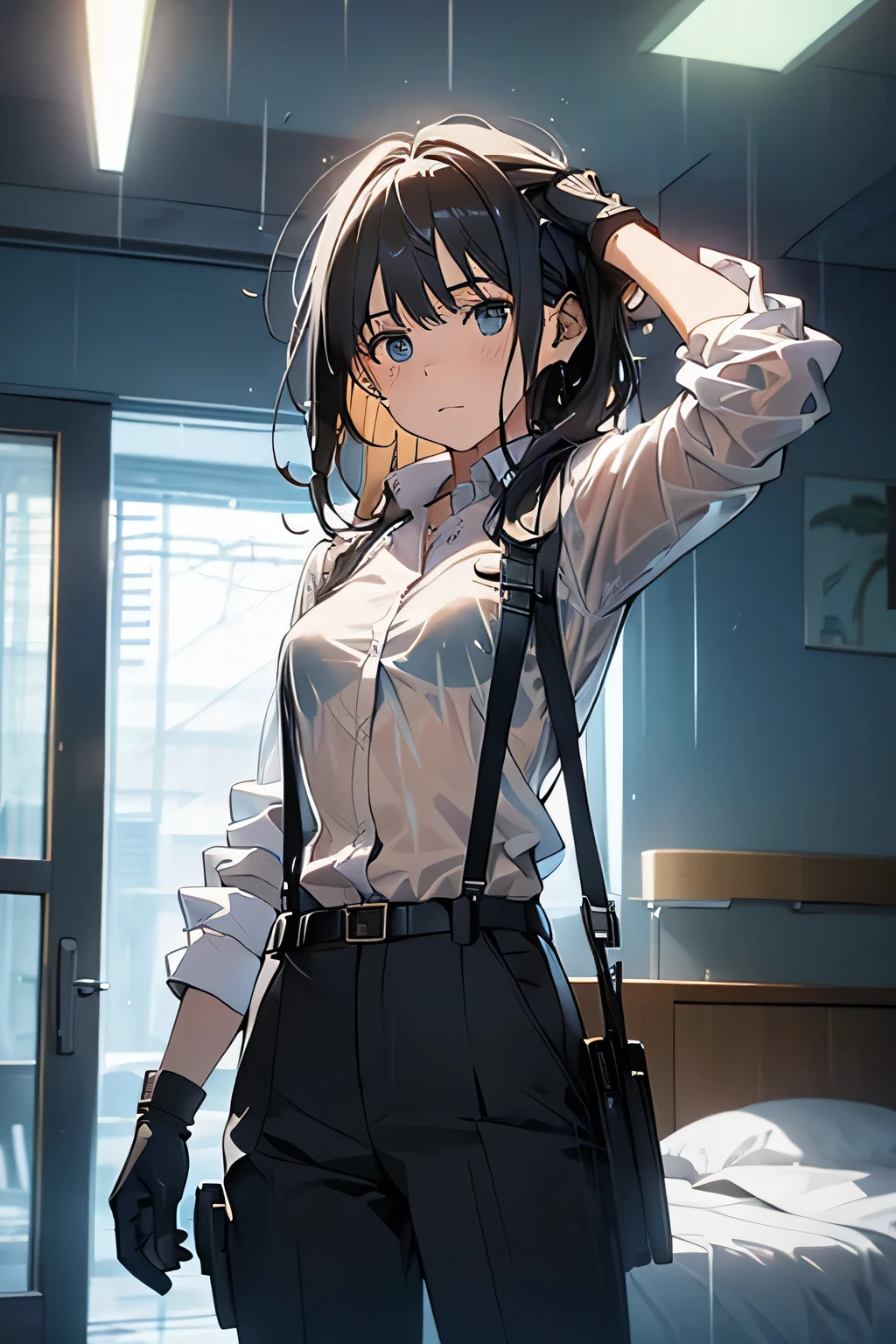 1 female, , high quality, masterpiece, Ultra-high resolution, , Cinema Lighting, , , And the suspenders with the cranes flying　　　Large Breasts　 　 　　　　Small face　 　　　holster　　　　　　　 Lying in bed　Looking up　　　　Sweat 　　　belt　summer　脇Sweat 　Black Hole Gloves　suit　shirt　　Black jacket　 Black trousers　Leg Links　ズボンにbelt　　holster　 　　Hands behind your back　 Anxious expression　Looking up　Anxious face, legs apart　Armament　Handgun　handcuffs　Cable ties　レッグholster　holster　See-through clothing　Getting wet in the rain
