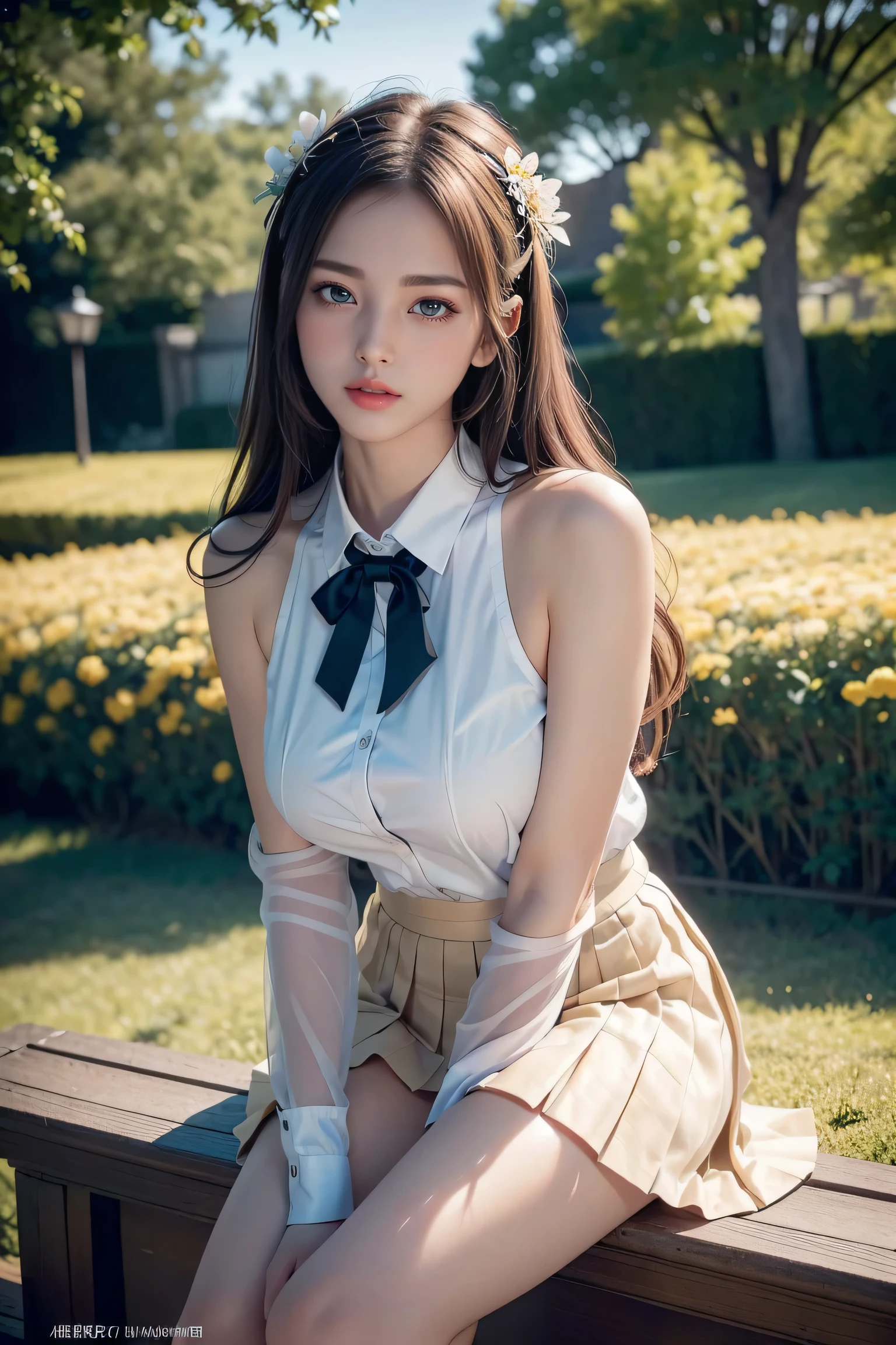 (Girl standing on the school steps)、超Realな8K CG、Perfection face、perfection、beautiful、masterpiece、Professional work、Famous works、Perfection face、Beautiful face、Beautiful eyes、((perfection female body))、Alone、 ,,(Cheek:0.5),Captivating look,Highly detailed eyes,Thick thighs,Large Breasts、 The background details are beautiful too.,Depth of written boundary,Real:1.3,Long Shot,1 girl,(White shirt),(、(Navy blue pleated skirt),whole body、 (ambient light:1.3),(Cinematic composition:1.3),(neon:0.1),(HDR:0.1),Accent lighting,Best Quality、tmasterpiece、Hight resolution、1girll、Dingdall effect、Real、Edge Light、Two-tone lighting、(highdetailskin:1.2)、8K UHD、pure、Sweet、Based on physically based rendering、Perfection of light and shadow、Extremely High Detail、Pink tones、Eye Reflexes、sexy、Perfection body、Great beauty、Big eyes、Long eyelashes、Delicate eyes、Big shiny eyes、Small pupillary reflex、Shoulder and neck details、The texture of the pupil is delicate、perfectionな目、Black pupil、Best Quality、tmasterpiece、16 K、photograph、Head portrait、Delicate Avatar、((Woman lying in a flower field))、((whole bodyアングル))、8k Ultra HD,Sharp focus,Professional shooting effects,Random elegant scene,Multi-angle shooting,Pleated skirt、shirt、Bow tie (High quality details)、One girl、Alone、Young woman、Elegant posture、(Natural reclining posture)、(Emphasis on natural body posture and correct anatomy:1.3)、(Perfect leg proportions:1.3)、,The skirt is very short,One hand strokes the hem of her skirt,Lift the hem of a skirt,Natural posture,Soft look,Exquisite makeup,Soft Cheek,Bright Eyes,(Anatomically correct),(Real natural legs),Smooth Skin,Soft lighting,High resolution,
