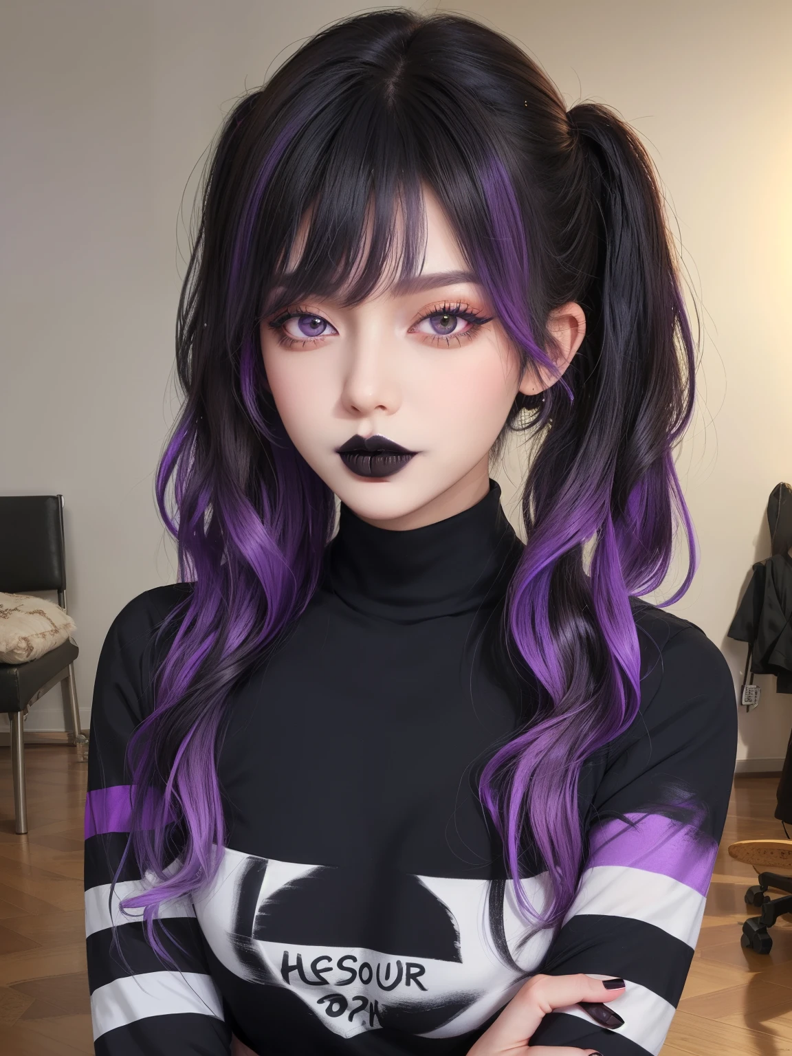 masterpiece, adult, indoors, woman with purple to black ombre hair, black lips, bangs, messy hair, pigtails, eye shadow, smoky eyes, smokey eyes, tshirt, long sleeves, striped sleeves, very long hair, 