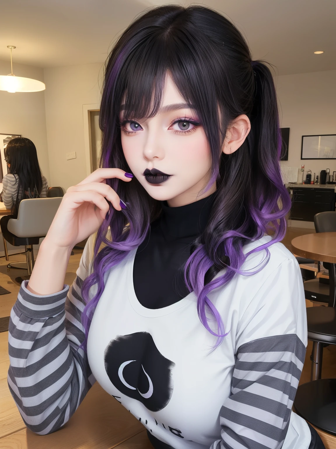 masterpiece, adult, indoors, woman with purple to black ombre hair, black lips, bangs, messy hair, pigtails, eye shadow, smoky eyes, smokey eyes, tshirt, long sleeves, striped sleeves, very long hair, 