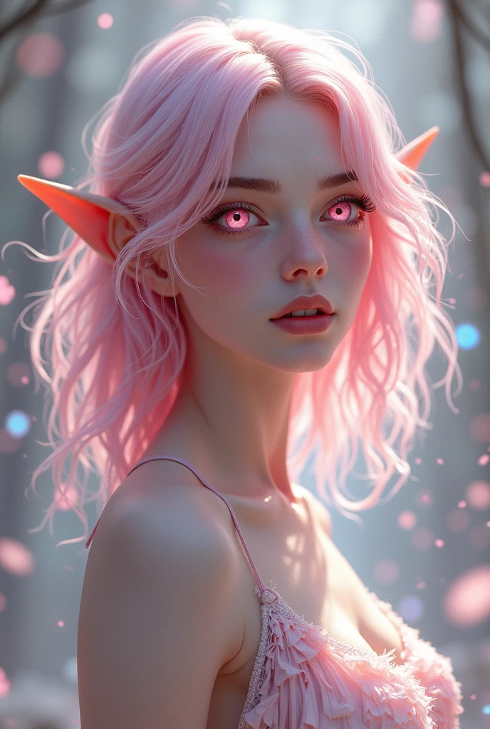 1 woman, pink hair, long curly hair, blue eyes, elf