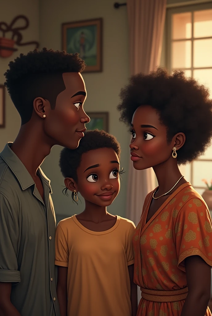 There is a man and a woman sitting on a sofa with a child, animated film, Detailed portrait shot, extremely realistic, Animation is still, Realistic scene, Illustration, Photo of a family of three, Very realistic 3D illustration, Vibrant realism, Realistic style, Detailed factual expressions, Family Portrait, Filed in Corona, absolutely outstanding image, In a very realistic way