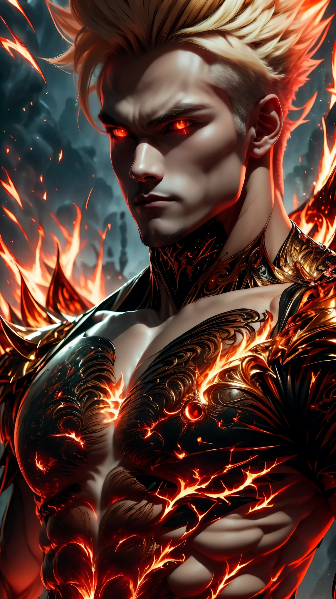 Handsome guy with red eyes, On neutral dark background, Two hair colors red and blonde, Relatively short hair, Handsome, tall muscular man, A handsome and determined boy, Eight pack abs, Naked upper body, The body emits a golden light., Majestic gesture and trampling on the blazing fire. Fire broke out around them., create a luxurious atmosphere