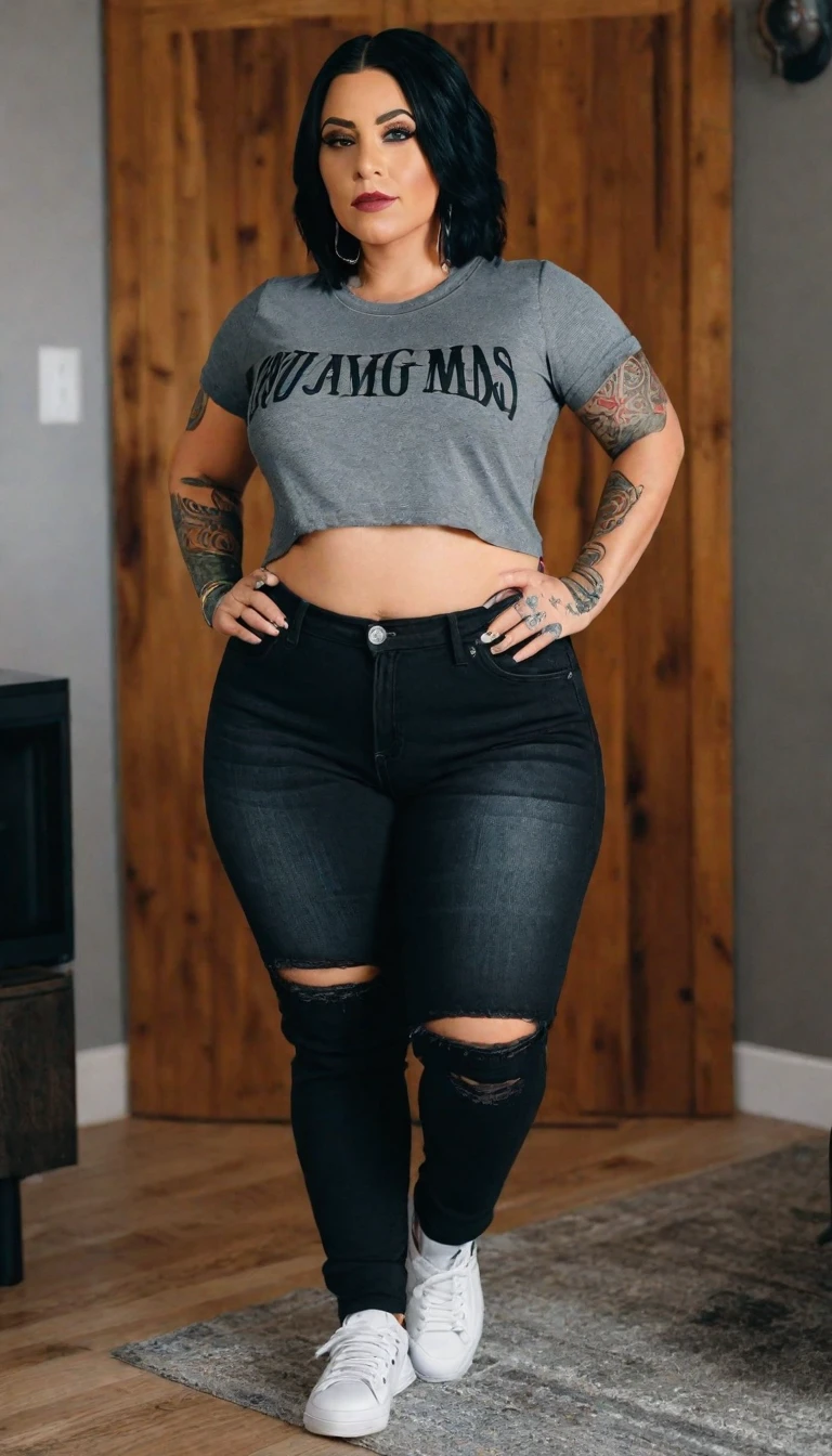 ((best quality)), ((masterpiece)), (detailed), perfect face, araffe woman in a dark-blue shirt and blue denim skirt walking down a street, thicc, she has a jiggly fat round belly, bbwchan, wearing tight simple clothes, skinny waist and thick hips, widest hips, her belly is fat and round, soft curvy shape, hyperrealistic full figure, wearing a cute top, wide hips, cropped shoulders,Bare belly,(big assa:0.7),show legs,, thicc, beautiful thick female, beautiful curvy female,, Tall and tall,clear curvy details, curvy hourglass figure, alluring plus sized model, bbwchan, Voluptious body, Curvy model, Curvy body, Be red in the face, 1girll, a matural female, A MILF, the golden ratio,(Kpop idol),(Oil skin:1.2),(Oil skin:1.1), iremuzi tattoos on thighs, big tattoo on thighs