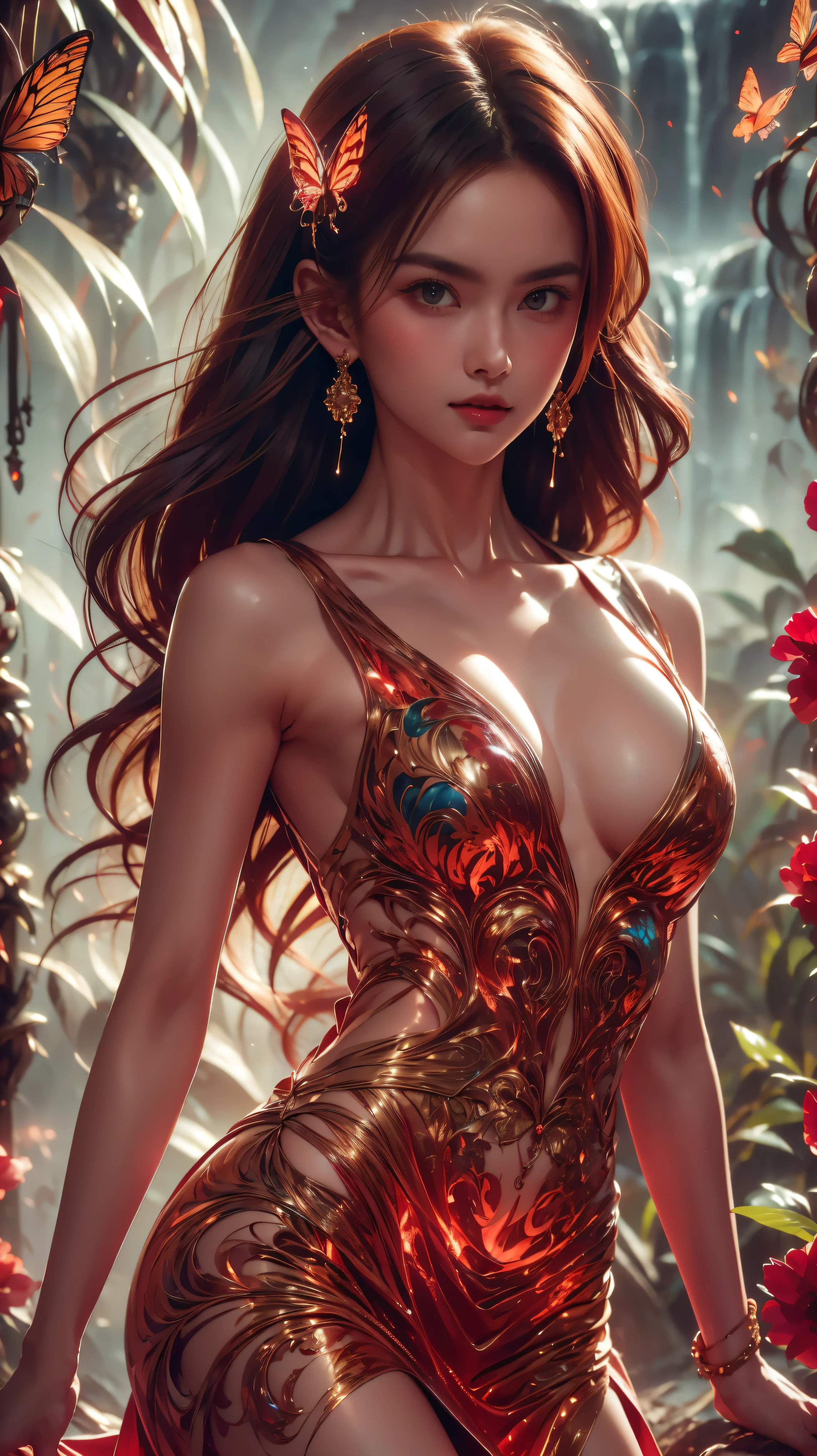 A masterpiece that captures the essence of nature, with a beautiful girl adorned in a glowing dress, surrounded by colorful flowers and butterflies.