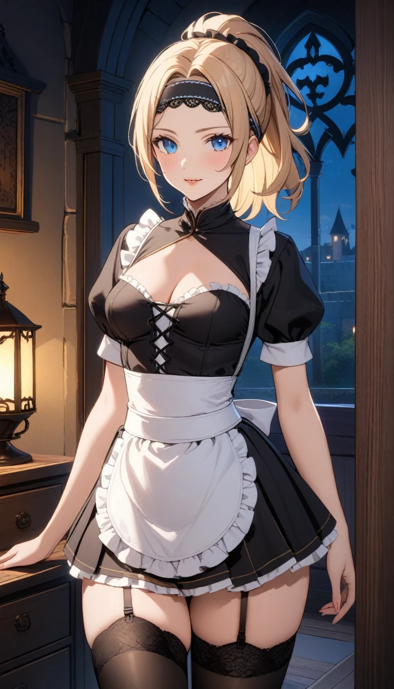 (masterpiece), (Best Quality), (ultra-detail),(disheveled hair),(Illustration), (1 cute girl), (Fashionable clothing), Standing, Fashion Model, Looking at Viewer, (interview), (vip room),Beautiful detailed eyes, Delicate beautiful face, Smile, (Shining), Focus on Face, Ponytail, (blond), Bangs, (hairaccessories), (delicate and beautiful very see-through maid dress and mini skirt :1.4), The best lighting, Best Shadow, (Stand nipple:1.4), (Delicate and beautiful embroidered lace panties show through:1.3), cleavage, upper body,