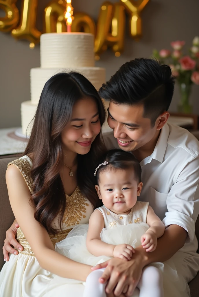 Elegant baby ceremony, Graceful smiling father and godmother, Cute baby, Ojos color avellana, fotorrealista, 8k, UHD, fotorrealista.