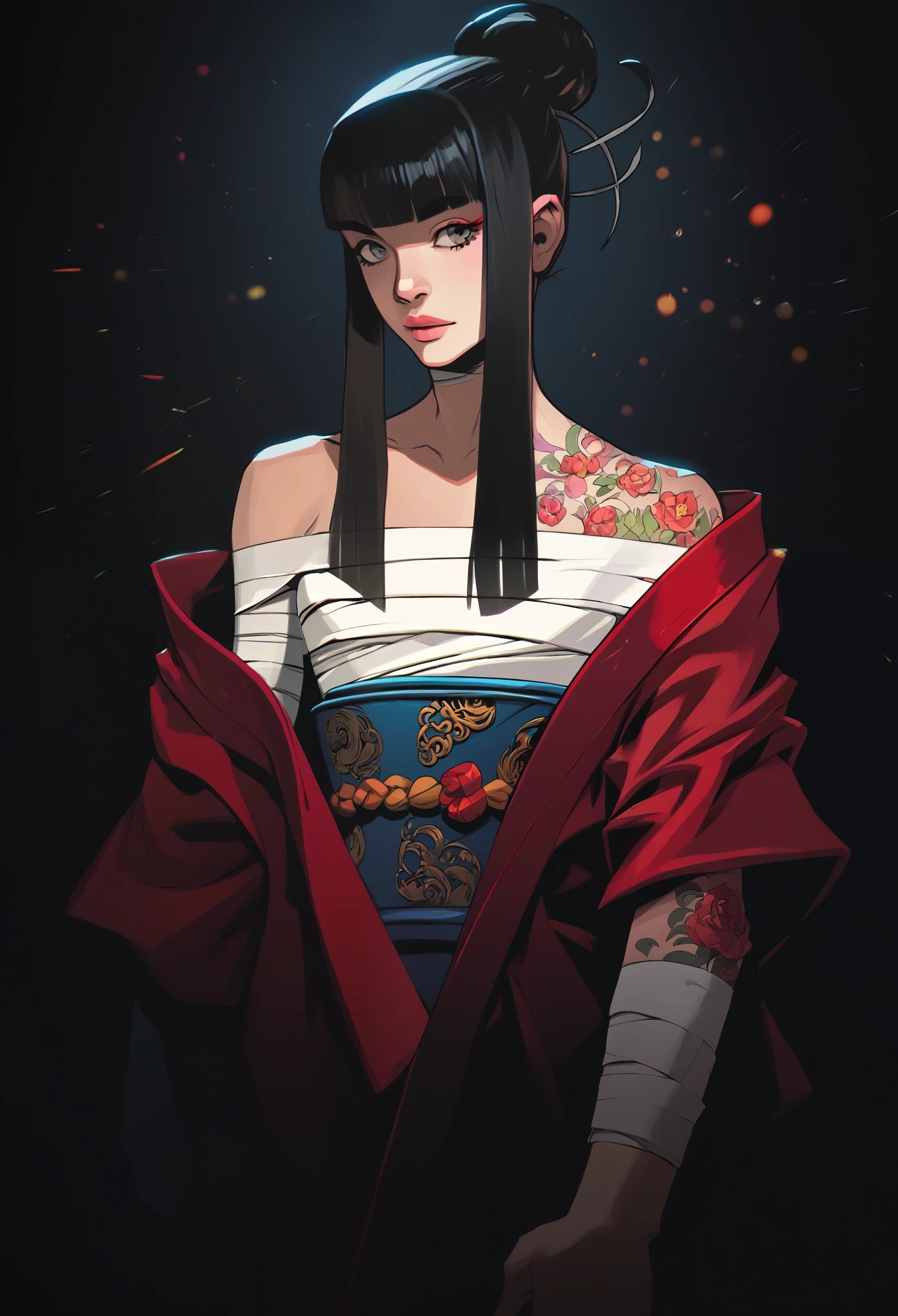 score_9, score_8_up, score_7_up, score_6_up, score_5_up, score_4_up, score Cel-shaded art, hds style, 1girl, Asian, kimono, off the shoulder, bandaged chest, tattoos on arm, blunt bangs, straight black hair, grey eyes, bokeh, high resolution, high quality, super detailed, sharp focus, ultra realistic, perfect lighting, perfect colors, perfect perspective, balanced composition, award-winning photographer, photo-realistic, ultra realistic
