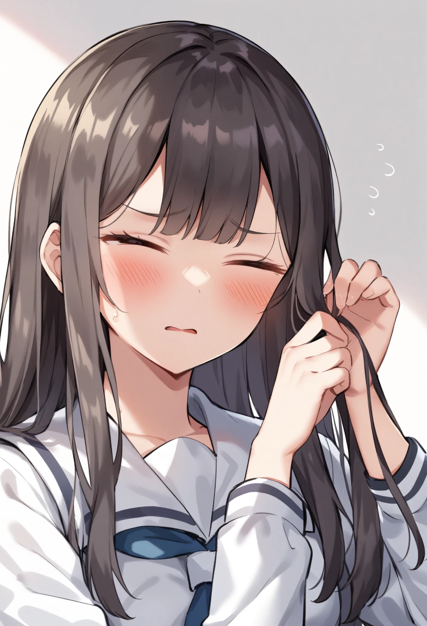 girl in school uniform, touches his hair, holds his hair, is embarrassed. blushed, looks down. sweat
