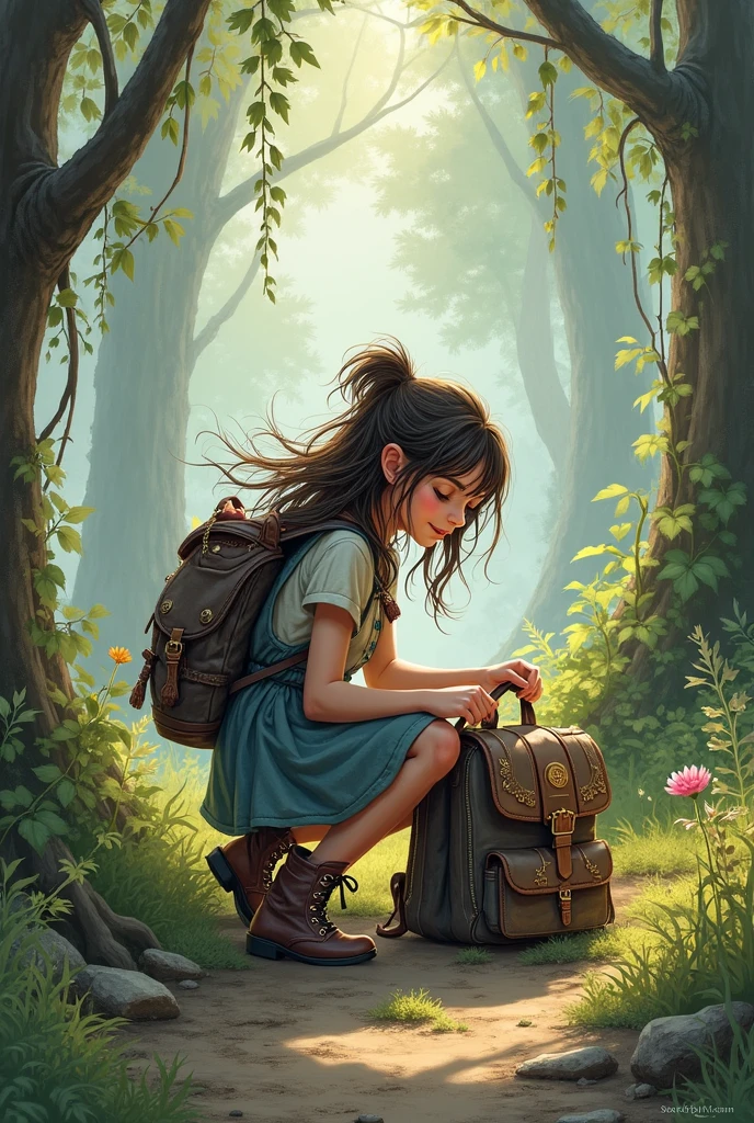 classic negative portrait photo, fantasy video game character concept art, a gorgeous 6-year-old girl, long curly hair, brown, wearing a small brown leather backpack looking at a map walking through a forest, dungeons and dragons, fantasy, river, fog, halation, bloom, dramatic atmosphere, 1970s darkness fantasy movie, centered, Rule of thirds --auto --s2