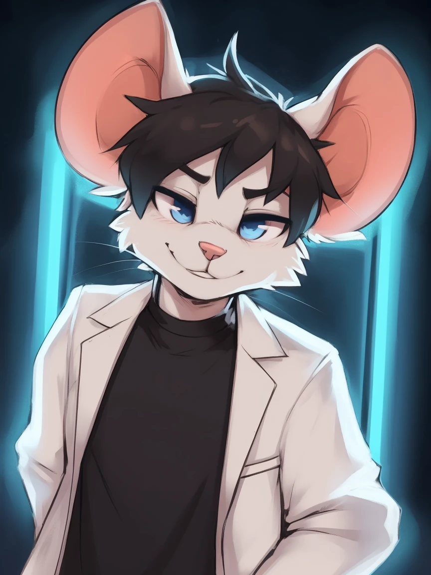 Best quality, Super detailed illustration, cartoon illustration, ultra high 4k quality, ((masterpiece, best quality)) by zackary911,zackary911, fluff-kevlar, by fluff-kevlar, anthro mouse, large mouse ears, rat nose, rat whiskers, white fur, male, solo, one character, furry character, furry male. blue eyes, big ears, white lab coat, blue shirt, blue jeans, white fur. fluffy fur, big rat tail, serious face, only one tail, dark background, no hair, beautiful smug smile