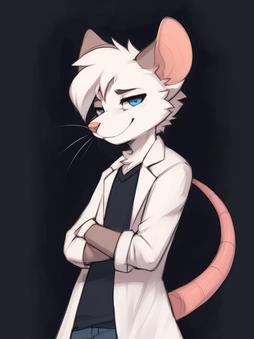 Best quality, Super detailed illustration, cartoon illustration, ultra high 4k quality, ((masterpiece, best quality)) by zackary911,zackary911, fluff-kevlar, by fluff-kevlar, anthro mouse, large mouse ears, rat nose, rat whiskers, white fur, male, solo, one character, furry character, furry male. blue eyes, big ears, white lab coat, blue shirt, blue jeans, white fur. fluffy fur, big rat tail, serious face, only one tail, dark background, no hair, beautiful smug smile