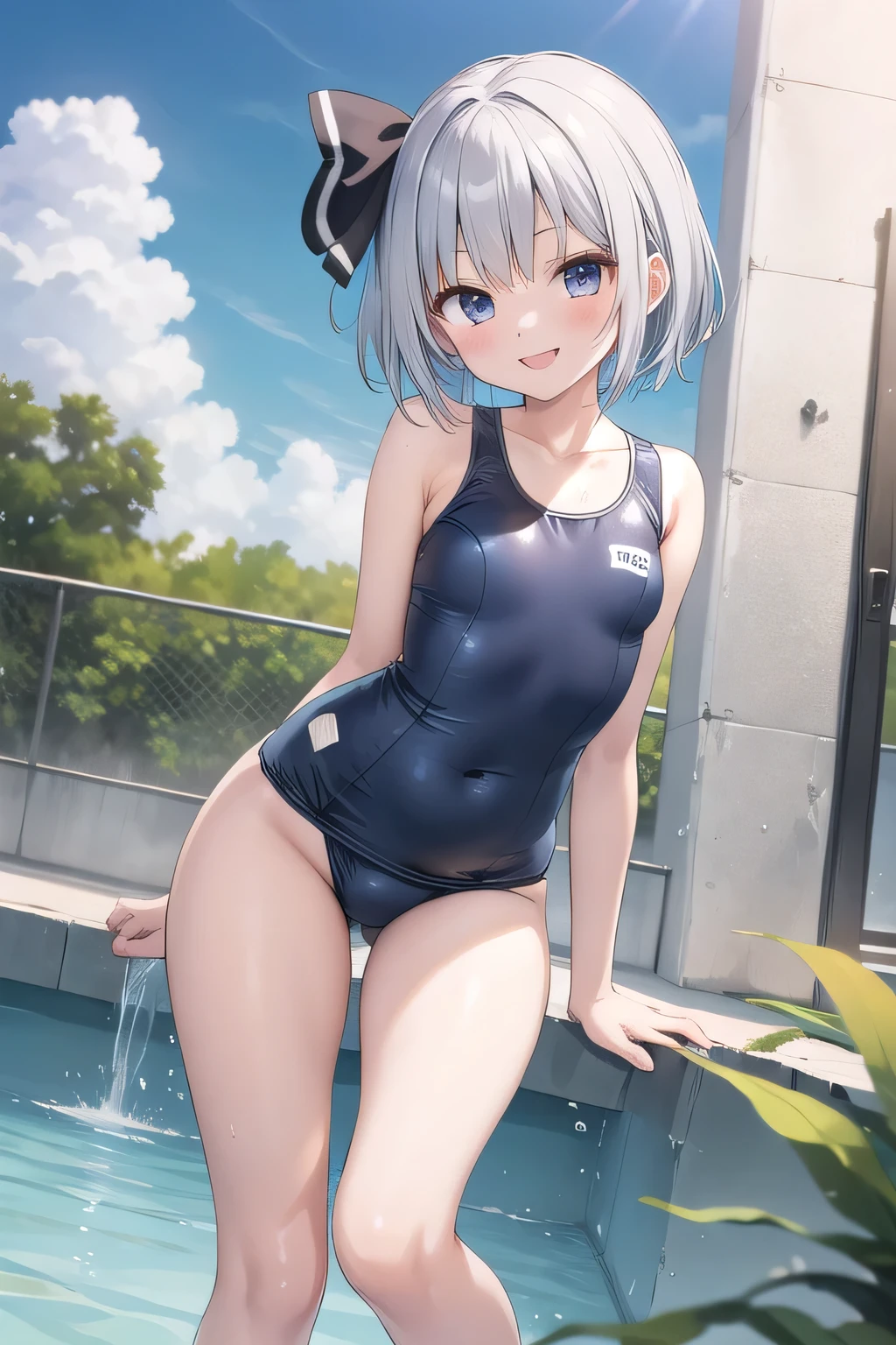 Youmu,flat chest,Navy one-piece school swimsuit,cowboy shot、、sitting、spread legs、between legs、smile、