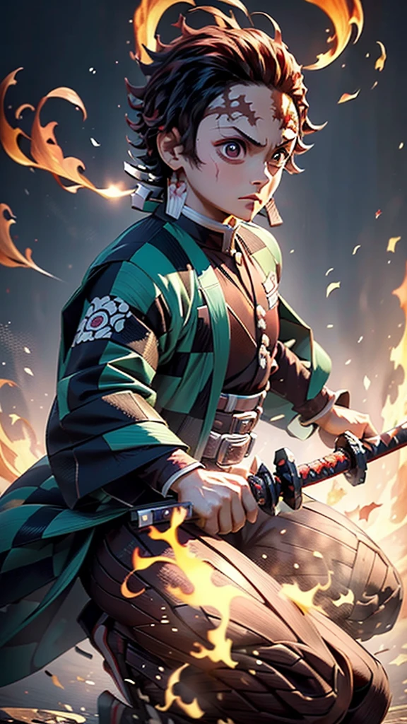 Because it is translucent and carved from flames.、Kamado Tanjiro,(Kimetsu no yaiba),Full Style,super high quality,Ultra-high resolution,Photo 8k,Holding a sword,{{One boy,Super detailed ,Demon Hunter Suit,Hino Kamikagura Engineering