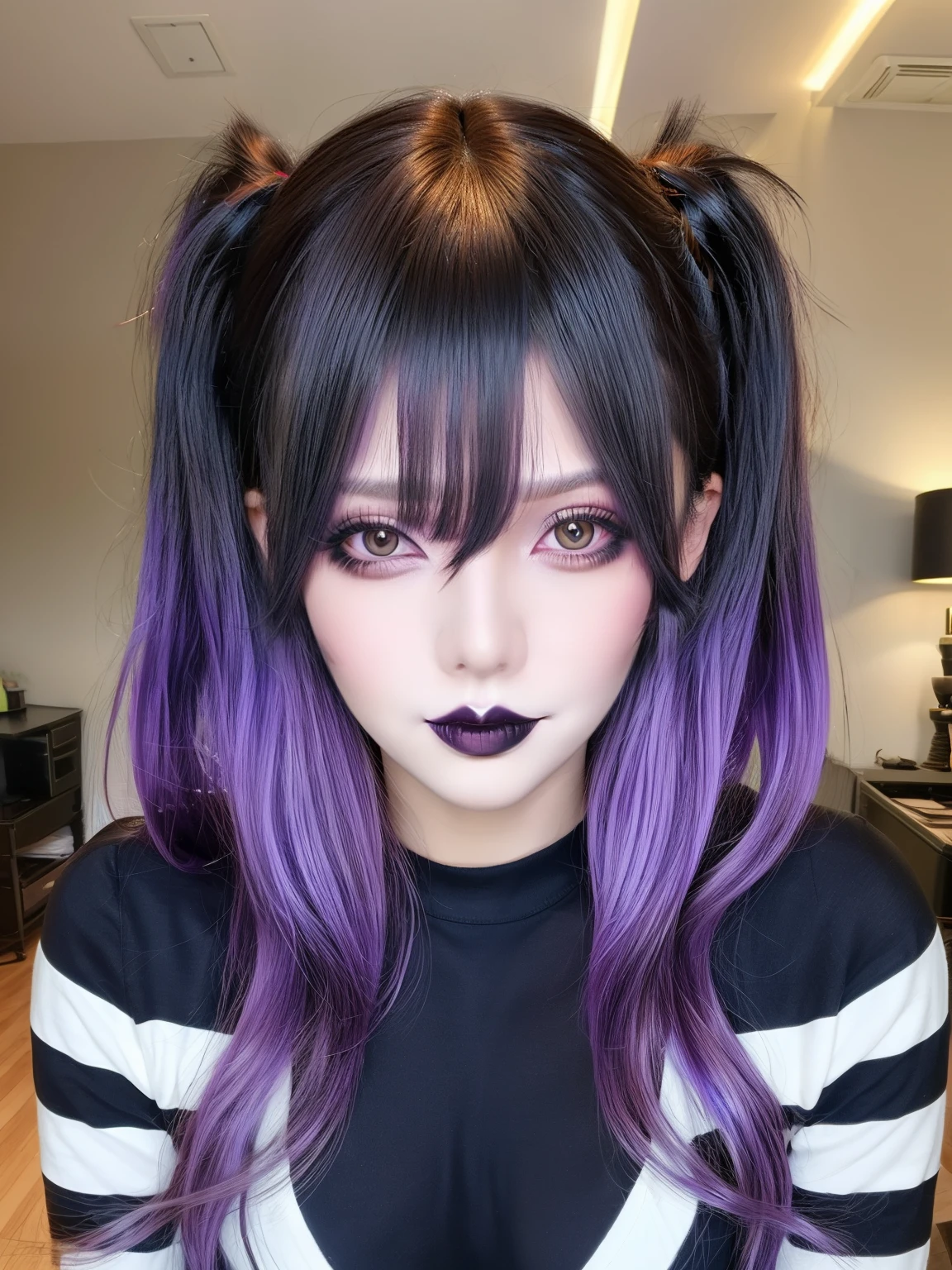 masterpiece, adult, indoors, woman with purple to black ombre hair, black lips, bangs, messy hair, pigtails, eye shadow, smoky eyes, smokey eyes, black tshirt, long sleeves, striped sleeves, very long hair, 