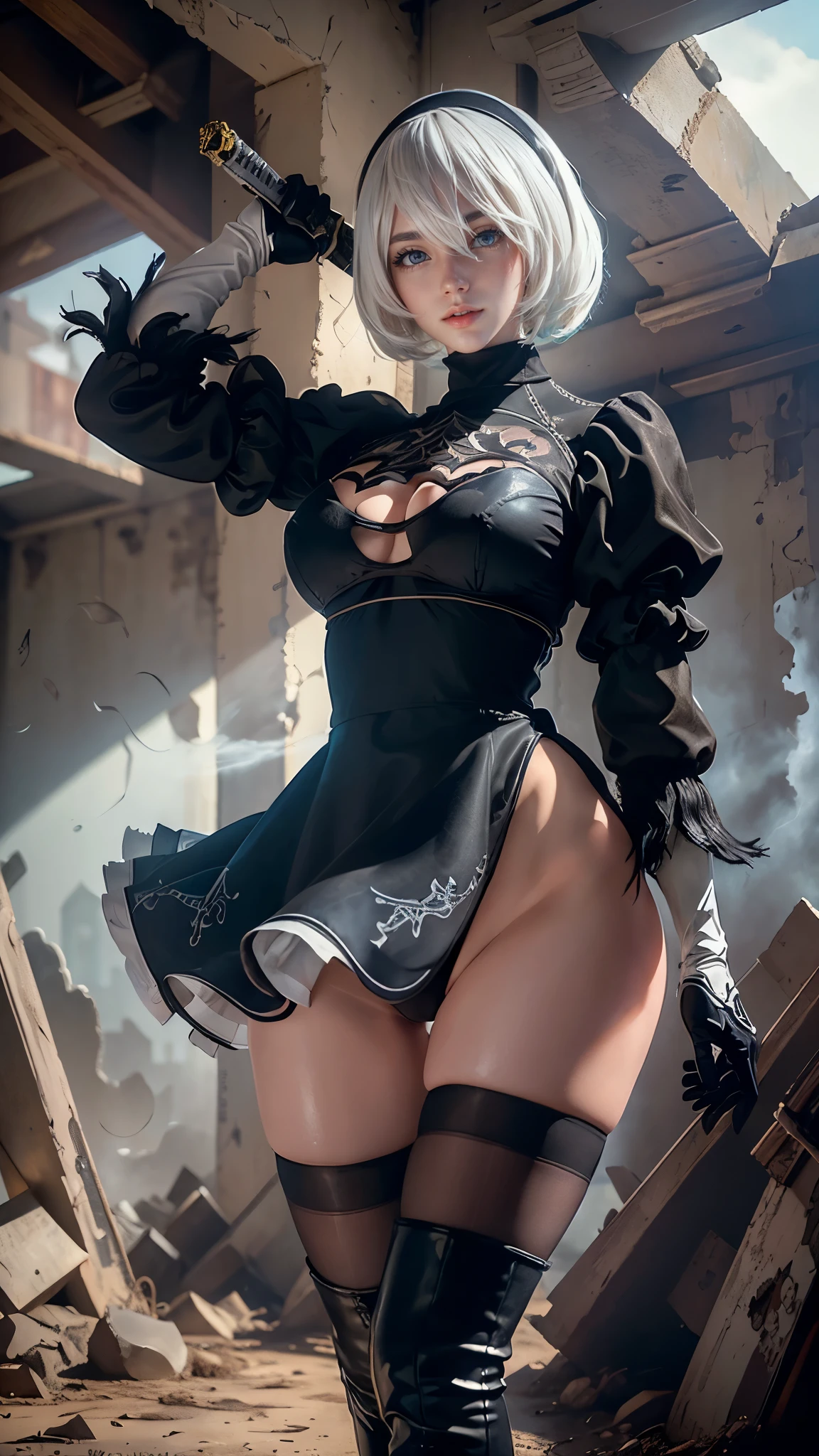 2B da nier automata,(best qualityer,4K,8k,high resolution,work of art:1.2)(weather: windy), abandoned city background, city ruins, short curly hair, white hair, black long sleeve top, white strapless leotard, ruffle mini skirt, thigh high boots, gloves, headband, samurai katana, combat pose, ultra detailed,portrait,realistic,beautiful detailed aqua eyes, beautiful detailed lips,extremely detailed eye and face, long eyelashes,average, medium breasts,flying hair,beaming smile, sexy smile,powerful girl, bright coloured, dramatic lighting, torn clothes, muddy body,