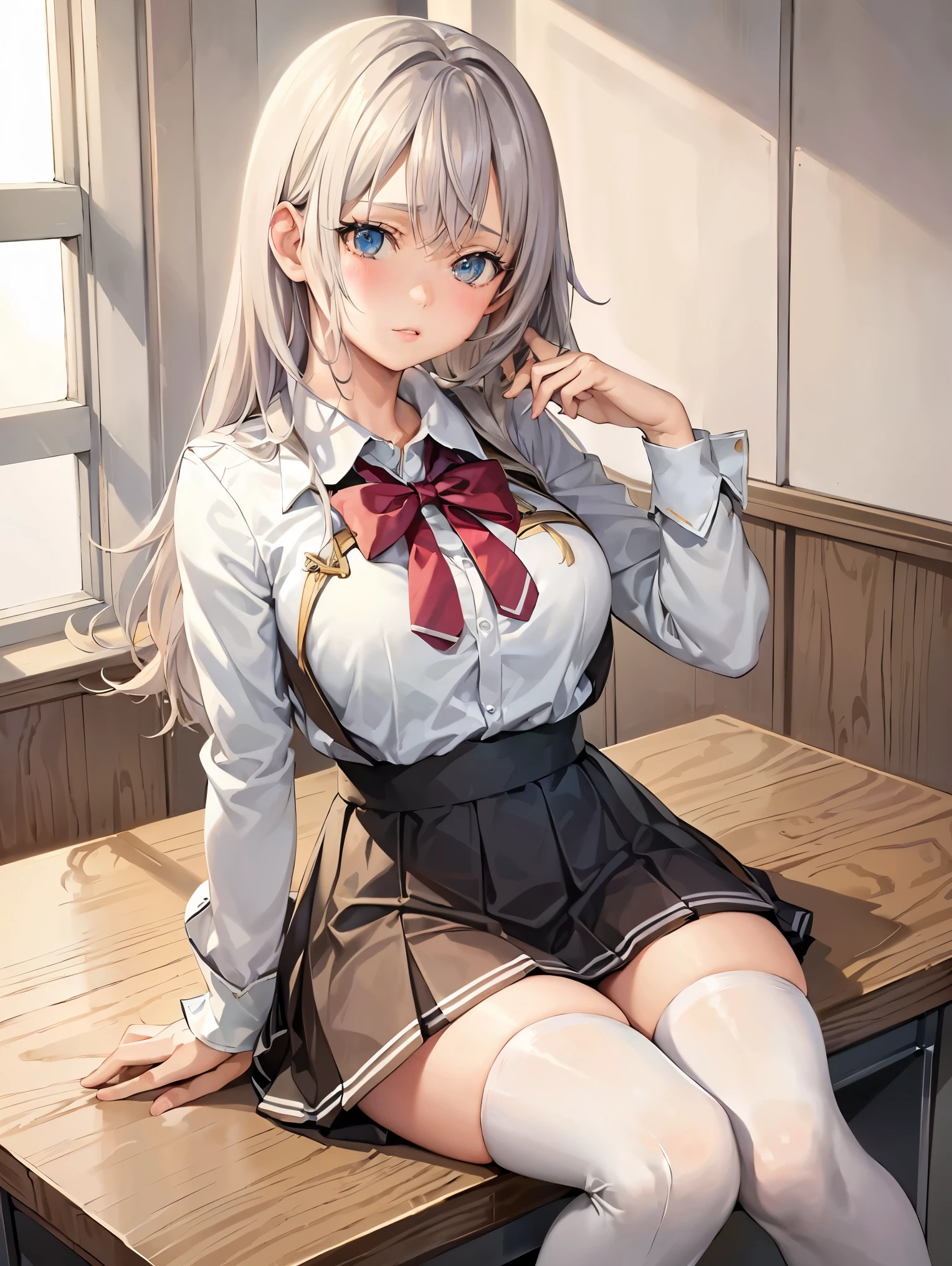 beautiful anime girl sitting on a desk in a classroom, white thigh-high stockings, mini skirt, shy expression, (best quality,4k,8k,highres,masterpiece:1.2),ultra-detailed,(realistic,photorealistic,photo-realistic:1.37),1girl,detailed face,detailed eyes,detailed lips,long eyelashes,school uniform,classroom background,window,sunlight,soft lighting,pastel colors,romantic,cute,kawaii