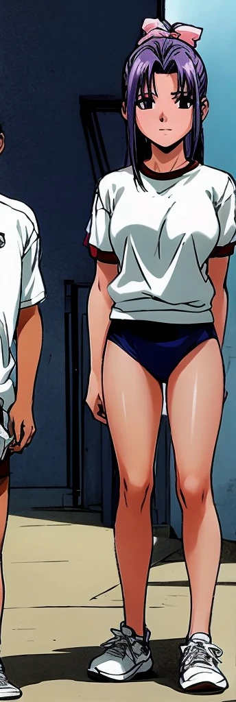 Momoko Koigakubo, a tall girl with beautiful legs, is wearing white gym clothes and light navy blue bloomers that look like panties, and is smiling as she holds a boy in a tracksuit.。