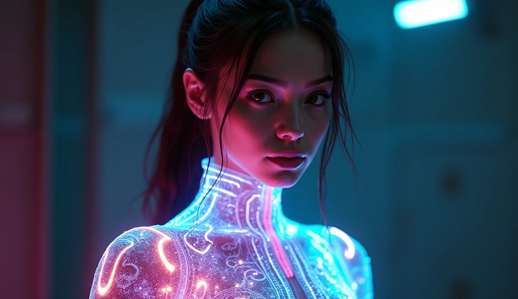 303, neon nude girl upper body view, cowboy shot, ((blue theme)), ((best quality)), (holo glass glitch) <lora:acid mix:1>