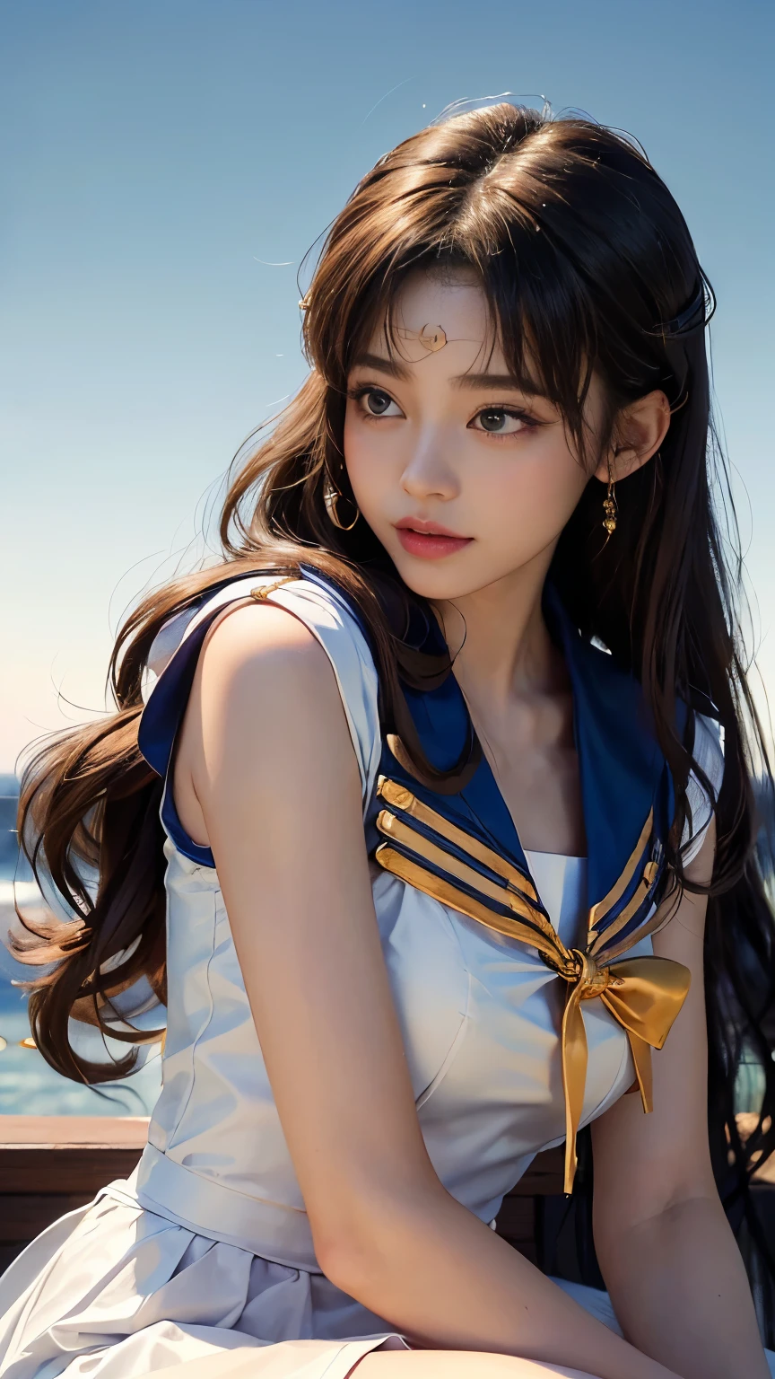 A beautiful young woman with long brown hair in a ponytail, green eyes, and a height of 170cm, sailor moon by the moon, sailor jupiter