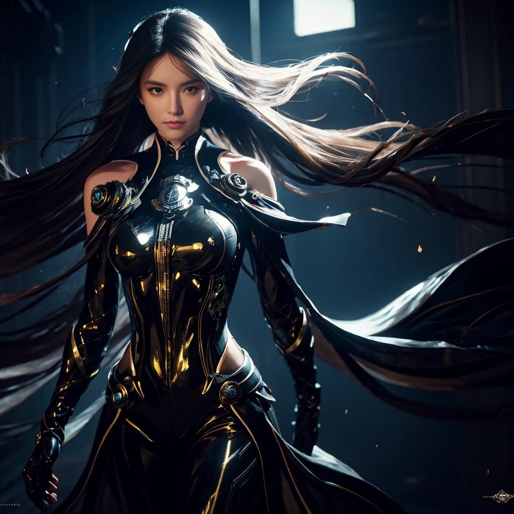 a beautiful girl with long wavy white hair, wearing a formal black dress with metallic pieces, conjunctivitis, initials in the background, digital painting, dark color palette, 8k resolution, highly detailed, vintage style, futuristic aesthetic, sharp focus on the center, pastel colors, artstation style, sci-fi, future theme, disdainful expression, full picture, detailed illustration