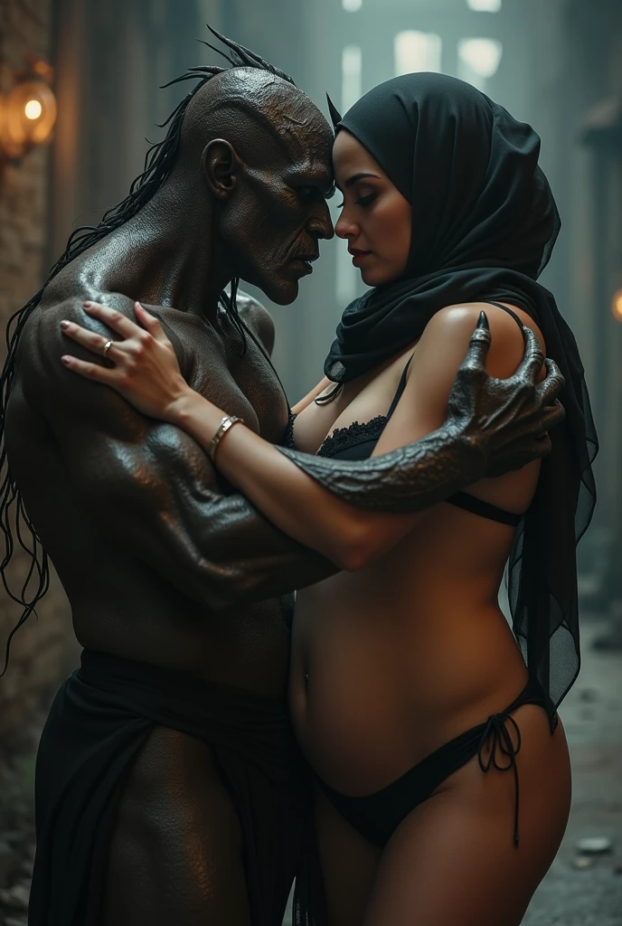 A man and a woman lounging on pile of dark  green plastic bags on a narrow street with waste on the floor, nuns in the background. The man,  taller and dominant: barefoot, dark skinned with black afro hair, muscular, african traditional robes and ethnic jewelry, possessive stance (arm around her partner"s shoulders, leaning on her partner and the other hand on her partner's crotch). The woman, caucasian blonde, feminine, very pale skin, slim and weak body, submissive attitude, laid back, long neck, very thin, helpless and weak, eagerly stretching her neck trying to kiss her boyfriend, idle hands, wide open legs, platinum blonde hair (bouffant, pouf, top bun) and oversized square sunglasses. Big lips. Black lace push up bra, silicone breast,, low rise black lace thong. Tall pointy knee high leather boots, with high heels, lots of thick wide studded bracelets, chain necklaces and big rings, Long earrings with chains and feathers, Chains around her narrow hips. Neck, chest, stomach, feet, hands, arms and wrists heavily tattoed. Toned abdominals, thin neck, slim legs and thin arms