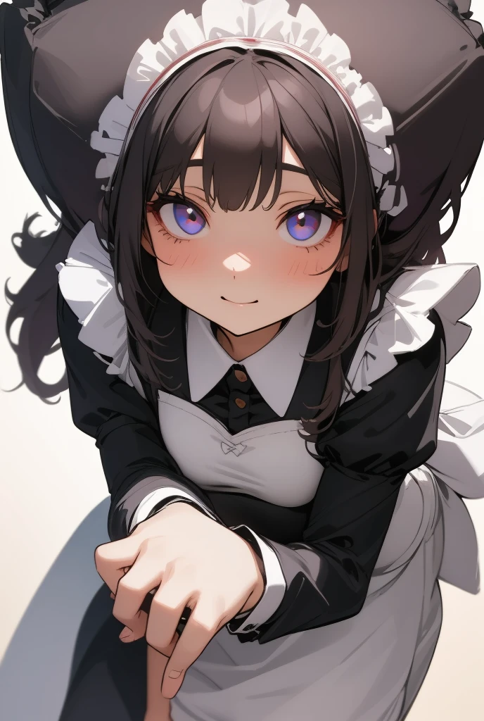 ((beautiful maid:1.5),high resolution, top quality),wearing maid's uniform,soft hands, big bright eyes, dark and vibrant curled hair, sweet smile, rosy cheeks, soft light, pure white background.  