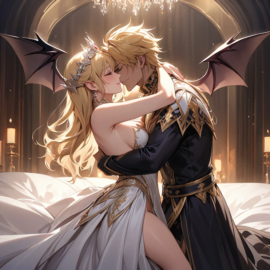 gay couple, boy x boy, coquettish and beautiful boy with blond hair and red eyes, handsome and muscular boy with white hair and green eyes and elf ears, kissing, beautiful boy is an incubus, handsome boy is blushing and in love, gay couple, romantic couple, hand under chin, long hair, naked, the white hair with tanned skin, short and cute blond boy, hot and tall white-haired boy, NSFW, hot, sexy