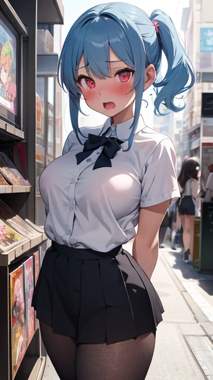 (8K、Highest quality、highest quality、masterpiece)、Detailed face、One girl、Rem from Re:Zero、Light blue hair 、short hair、twintails、blunt bangs、Grey Eyes、、、((Blazer jacket uniform))、((Pleated skirt))、((No panties))、((bent over))、Back Alley Background、Very large breasts、Nipples are visible、、Black Pantyhose、Milk dripping from nippleilk spurting from the nipple、、Open your mouth、Troubled face、Love juice from the genitals、Full body portrait、Walking around the city、One man、Hearts in the eyes、Sex with a man