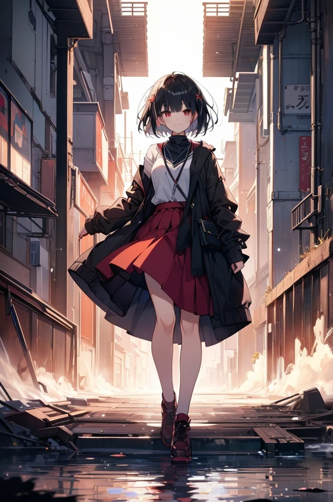 (finely detailed beautiful eyes and detailed face,masterpiece sidelighting,masterpiece,best quality,detailed,high resolution illustration),
(urban techwear, cybernetic background, sunny city),
(1girl,whole body,bishoujo,lustrous skin,looking down,looking at viewer),
(black hair,red eyes,short skirt,ribbon,button shirt)