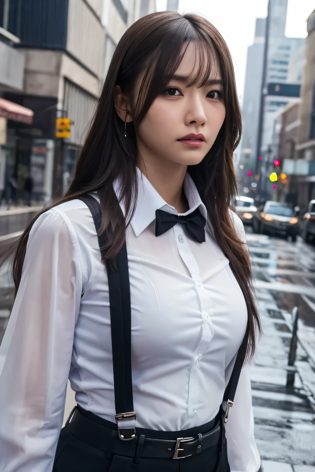 a woman in a suit, belt, hands behind back, sweating, suspenders, black pants, sexly, large breasts, see-through clothing, rain, detective, office worker, white button-up shirt, (best quality,4K,8k,highres,masterpiece:1.2),ultra-detailed,(realistic,photorealistic,photo-realistic:1.37),hyper-detailed,highly detailed face and body, Slender　thin　suspenders　Moderate breasts　See-through shirt　Nipples　holster　chain　Pistol　Armament　criminal　Female criminal　knife 　
