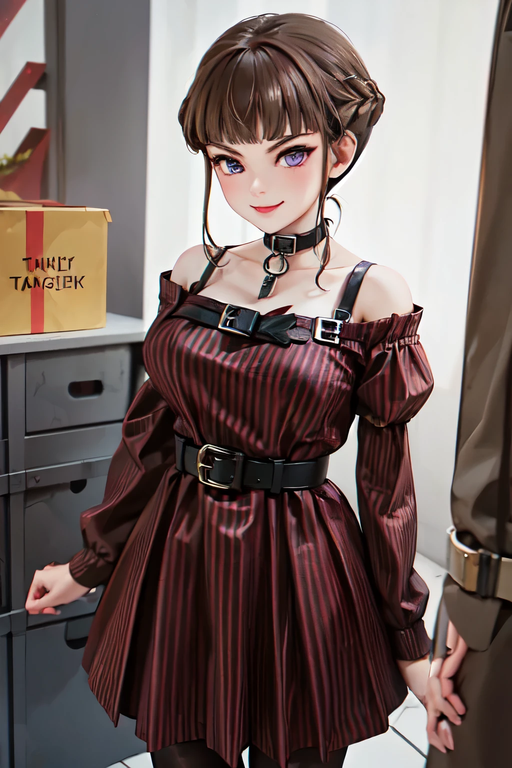 ((Thank You)), Short Hair, braided hair, Brown Hair, Purple eyes, bangs, woman, Alone, r3dsp1der, pantyhose,vertical stripes,belt,red dress,temple、Medieval period