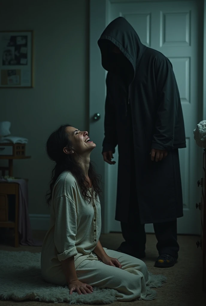 A 40 year old man with a terrified face is trying to pray, on his shoulder a possessed and terrifying woman leans out, while with her horrible hands she takes him by the arm, the atmosphere is creepy, terrible, horrifying, gloomy